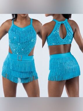 Weissman Elite Dance solo costume teal aqua Fringe Can You Do This D12439 XSA